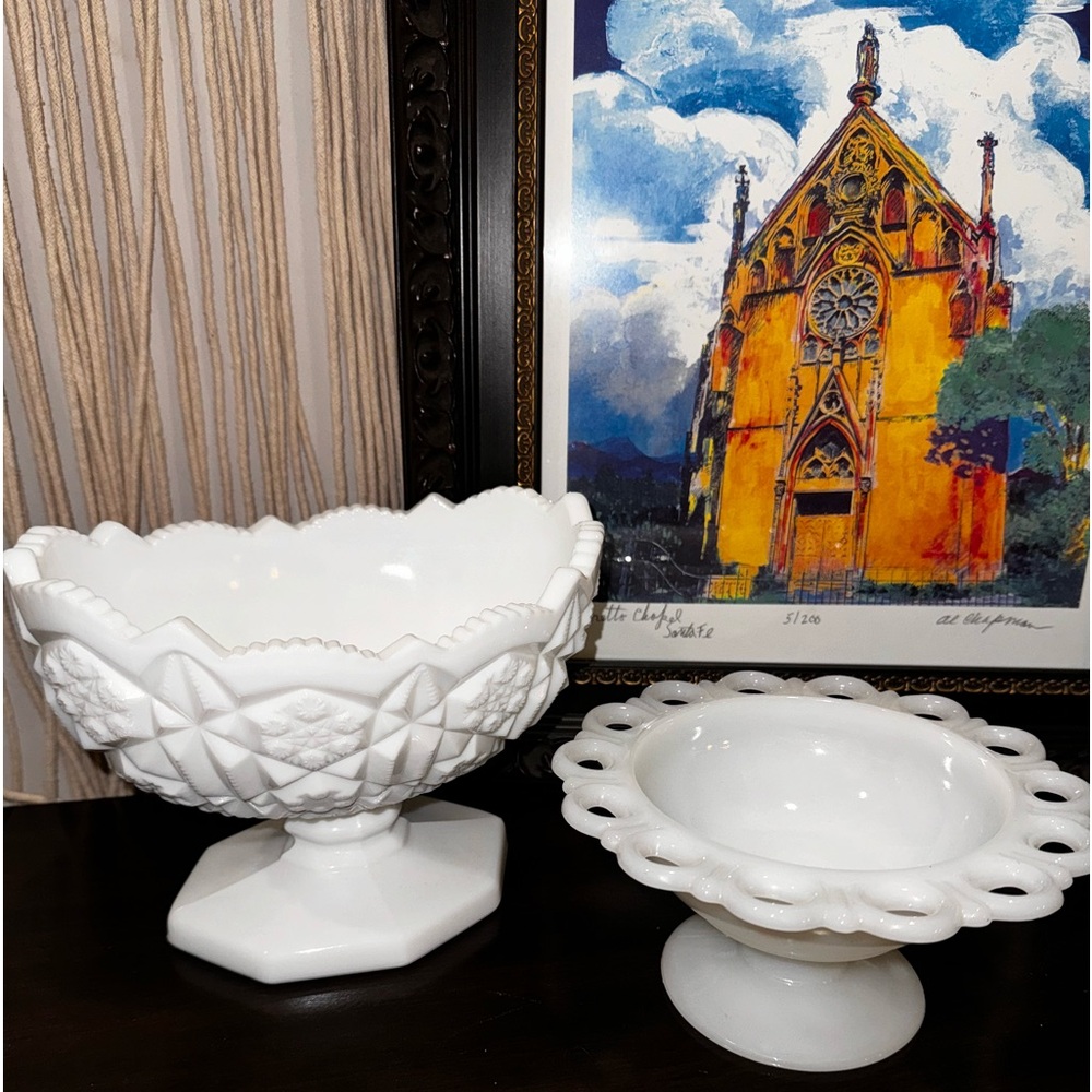 Vintage Pedestal Milk Glass Serving Bowls